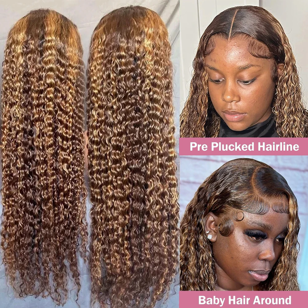 Highlight Deep Wave 13x6 HD Lace Frontal Wig Human Hair 40 42 Inch Honey Blond Curly 13x4 Lace Front Wigs For Women Pre Plucked