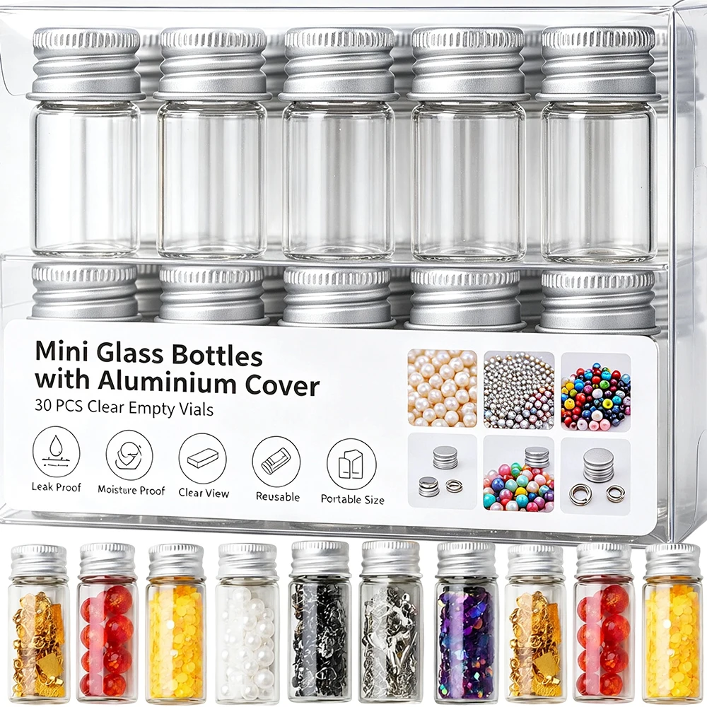 5/7/10/12ML Mini Glass Vials with Screw Caps Aluminum-Capped Bottles Clear Empty Leak-proof Jars Seal Containers for Spices