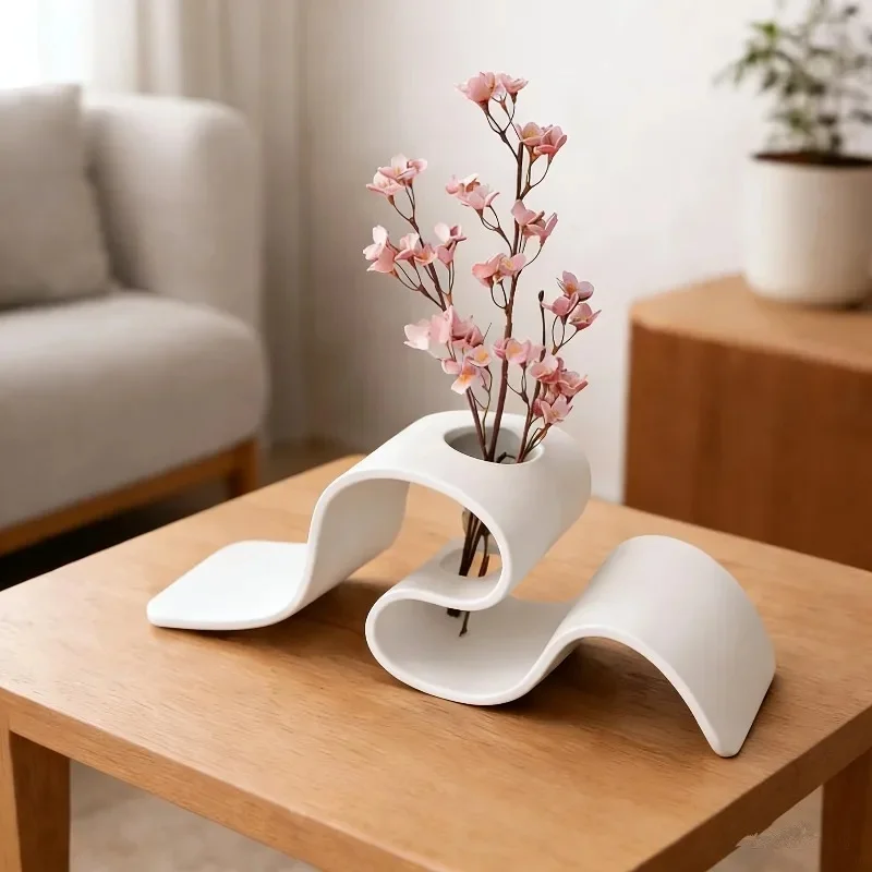 1pc Modern Minimalist Curved 3D Printed Vase Creative Ribbon-Shaped Dried Flower Holder Nordic Style Desktop Decorative Vessel