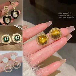 Winter Maillard Color Stud Earrings with Round Stone Green Letter C Logo Earrings Luxury Brand Copy D Coco Branded Replica