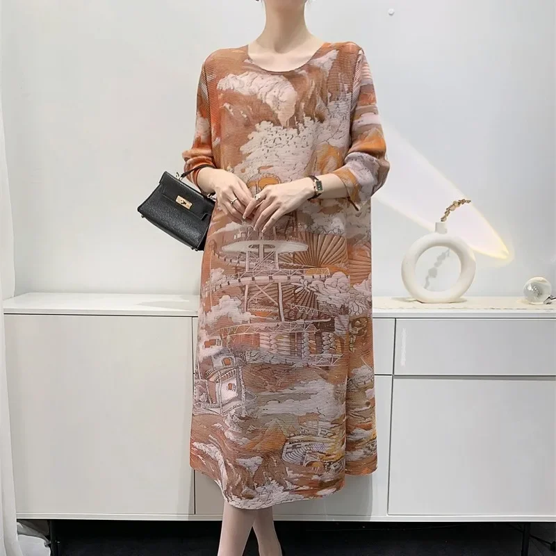 Miyake Pleated Retro Architectural Printed Long Dresses for Women 2024 autumn Round Neck Long Sleeve Elegant Loose Party Dress