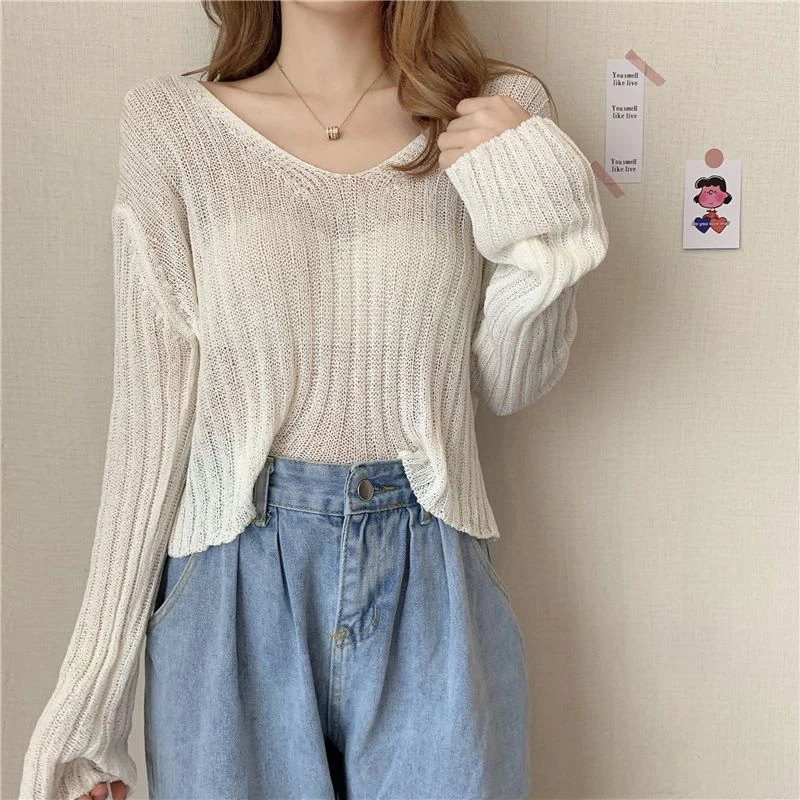 Zoki Loose Cropped Knitted Pullovers Women Sexy Hollow Out Long Sleeve Tops Korean Fall Fashion Long Sleeve Simple White Jumper