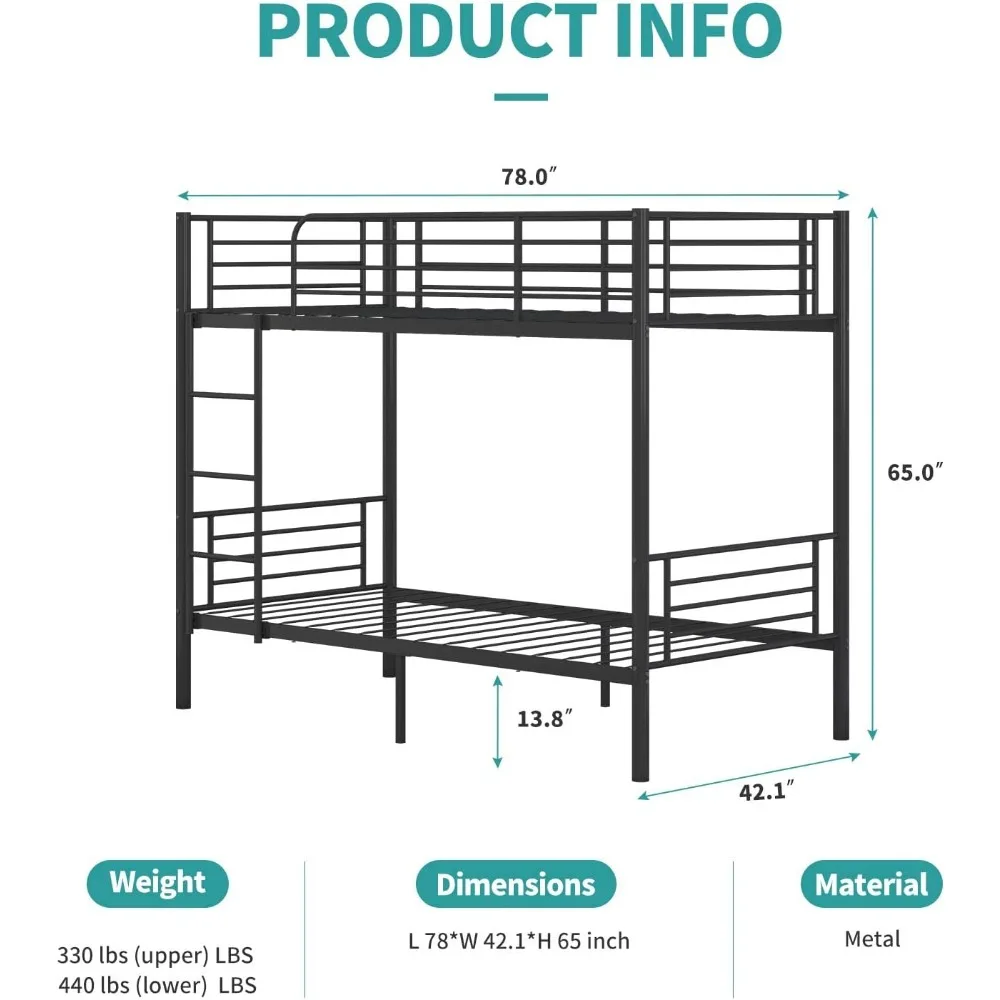 إطار سرير مزدوج فوق توأم، إطار سرير معدني بطابقين شديد التحمل مع حاجز حماية وسلم، موفر للمساحة، خالي من الضوضاء #2