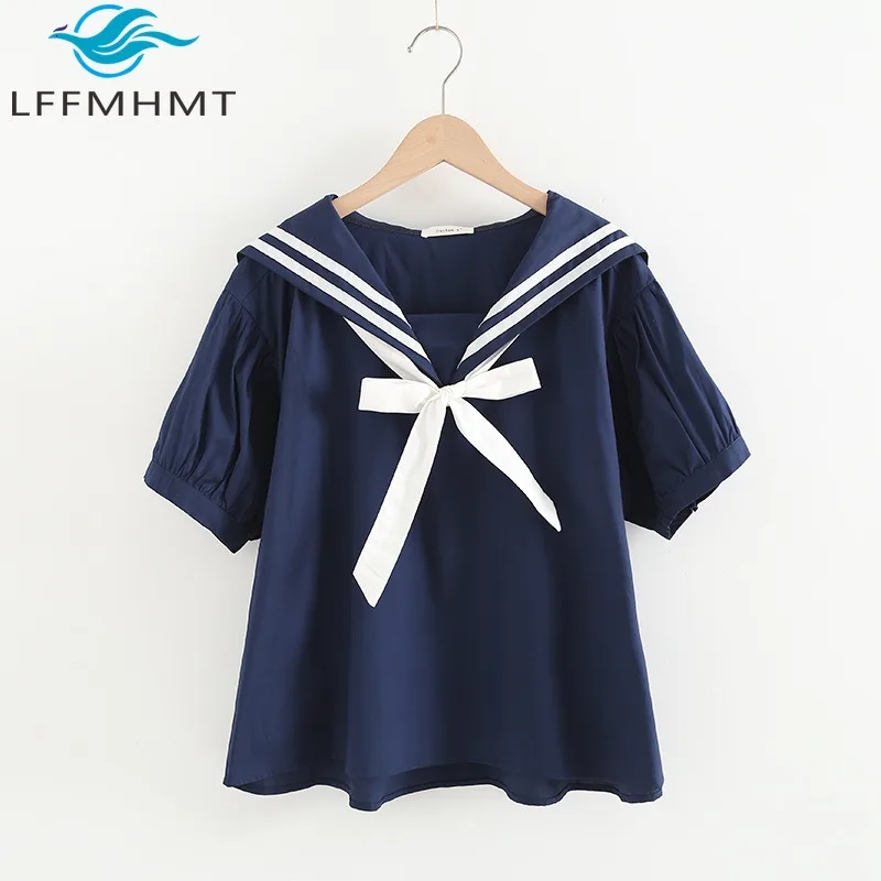 

Women Summer New Navy Style Elegnat Pullover Shirt White and Blue Contrast Color Patchwork Short Sleeve Loose Casual Tops Female