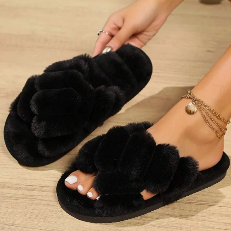Modisches Design, Kreuzriemen, flauschige Fellpantoffeln für Damen, bequeme, weiche, flache Sohle, Hausschuhe für Damen, leichte, offene Plüschpantoffeln – Detail 16