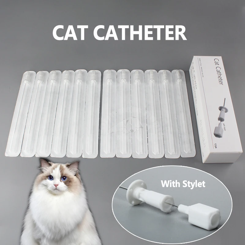 12pcs Cat Catheter with Stylet 3Fr End Hole 4Fr Side Holes Sterile Urinary Cat Catheters for Veterinary Clinic