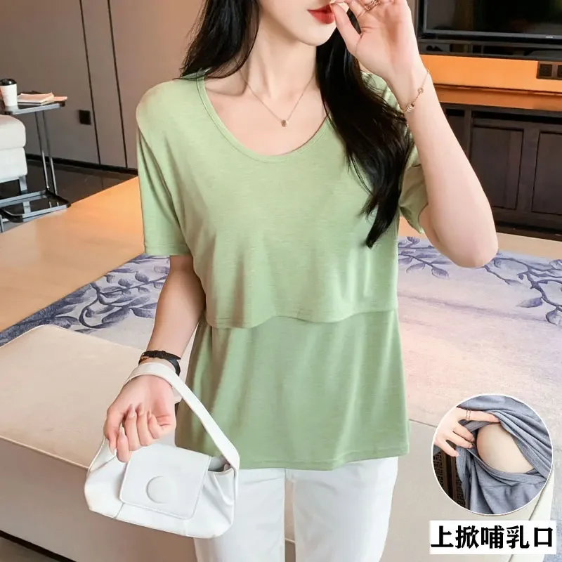 

Solid Pure Cotton Maternity Nursing Tees Breastfeeding t shirts for Pregnant Women Hot Summer Pregnancy T-shirt Tops Home Wear