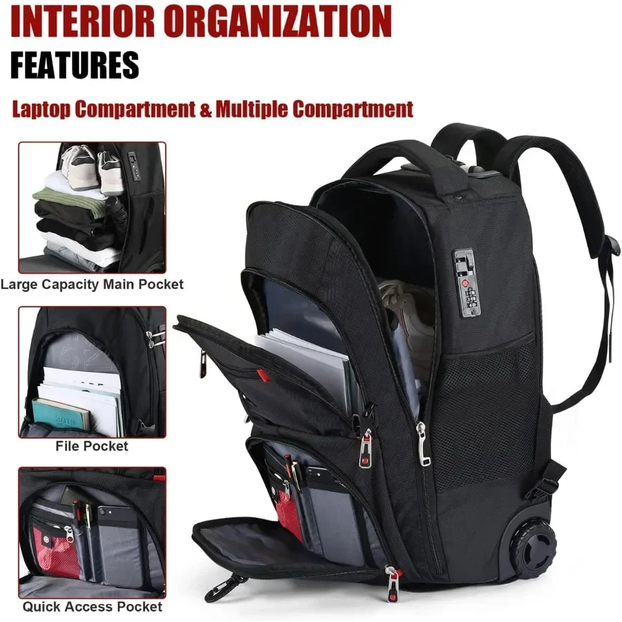 حقيبة ظهر متدحرجة مقاس 21 × 14 × 9 بعجلات - مقاومة للماء مقاس 17.3 بوصة للكمبيوتر المحمول مثالية للسفر طوال الليل #3