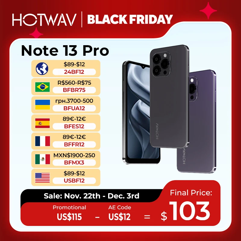 [العرض الأول في العالم] HOTWAV Note 13 Pro 6.6 بوصة HD + Android 13 16GB + 256GB ثماني النواة 50MP NFC 5160mAh 18W شحن إضافة إلى عربة وويشليست