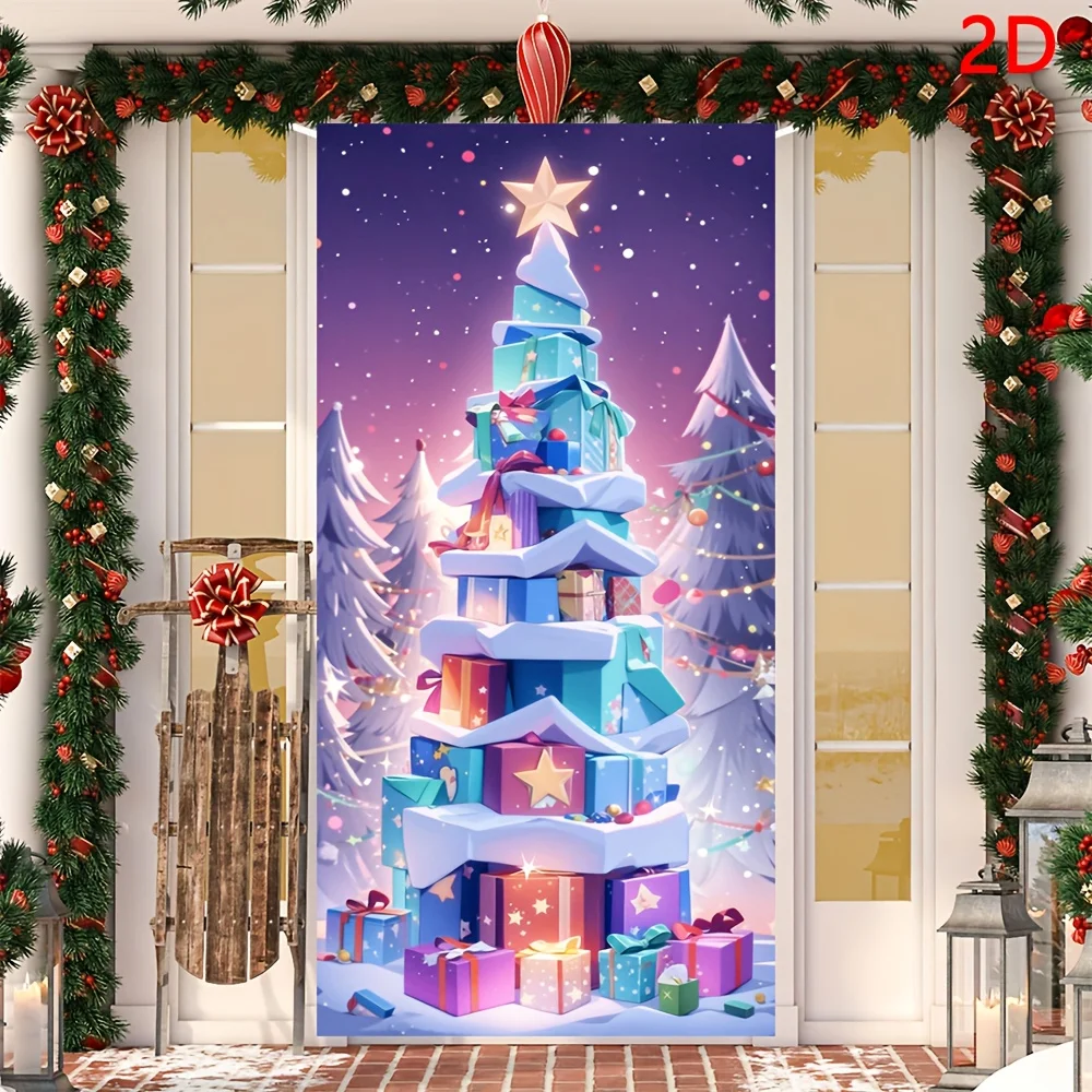 علم باب ثنائي الأبعاد، 1 غطاء باب شجرة عيد الميلاد احتفالي، سهل التركيب والإزالة، مقاوم للبقع، مناسب لتزيين الحفلات