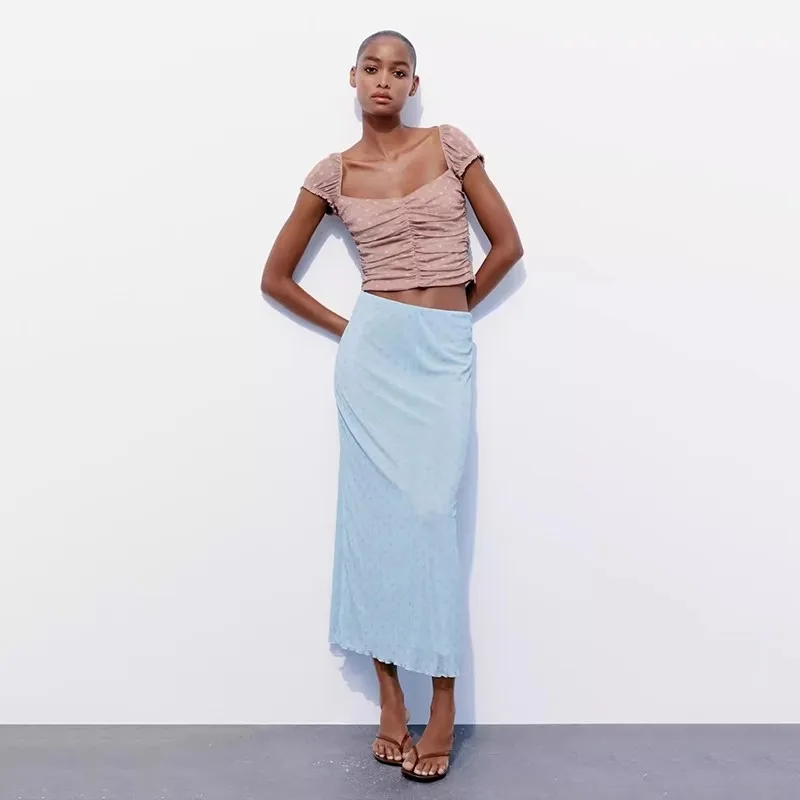 

Spring 2024 Women's Slim Fit Square Ne Pleated ort Printed Top Casual Sle Summer ort Sve Other Material T-irt