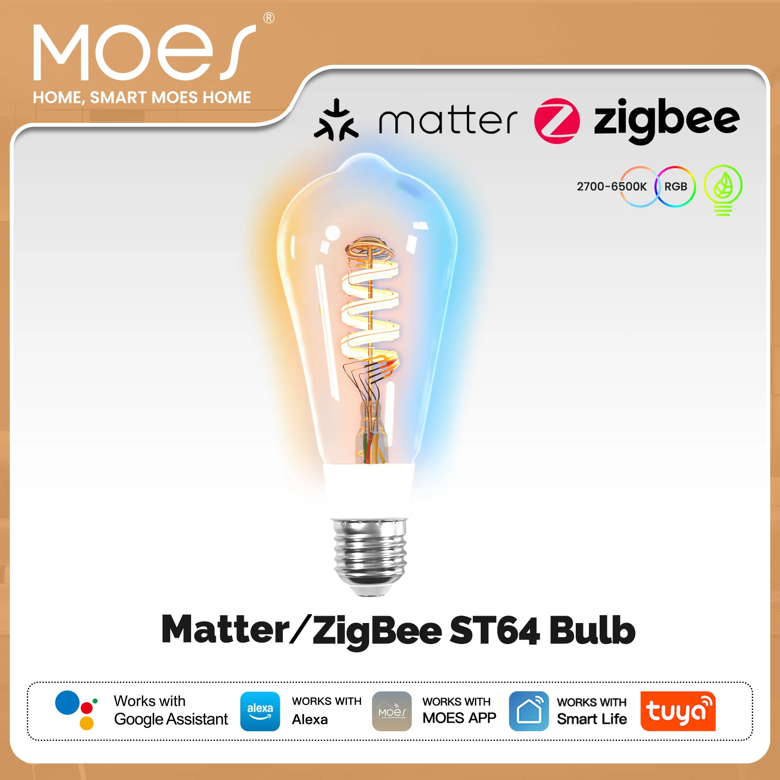 MOES Smart ST64 Edison LED Bulb,Tuya Matter/Zigbee,16 Million RGB Colors,2700K-6500K,Dimmable,Works with Alexa/Google Home