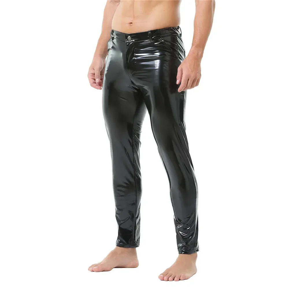 Latex Mens Pants Shiny Wet Look PVC Leather Pants Fashion Glossy Slim Straight Trousers for Nightclub Stage Party Show Costumes
