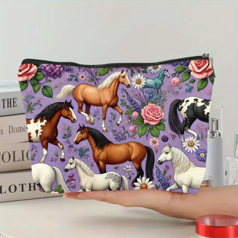 Un hermoso bolso de maquillaje con forma de caballo y flores: bonita bolsa multifuncional con cremallera para mujer, bolsa para guardar joyas