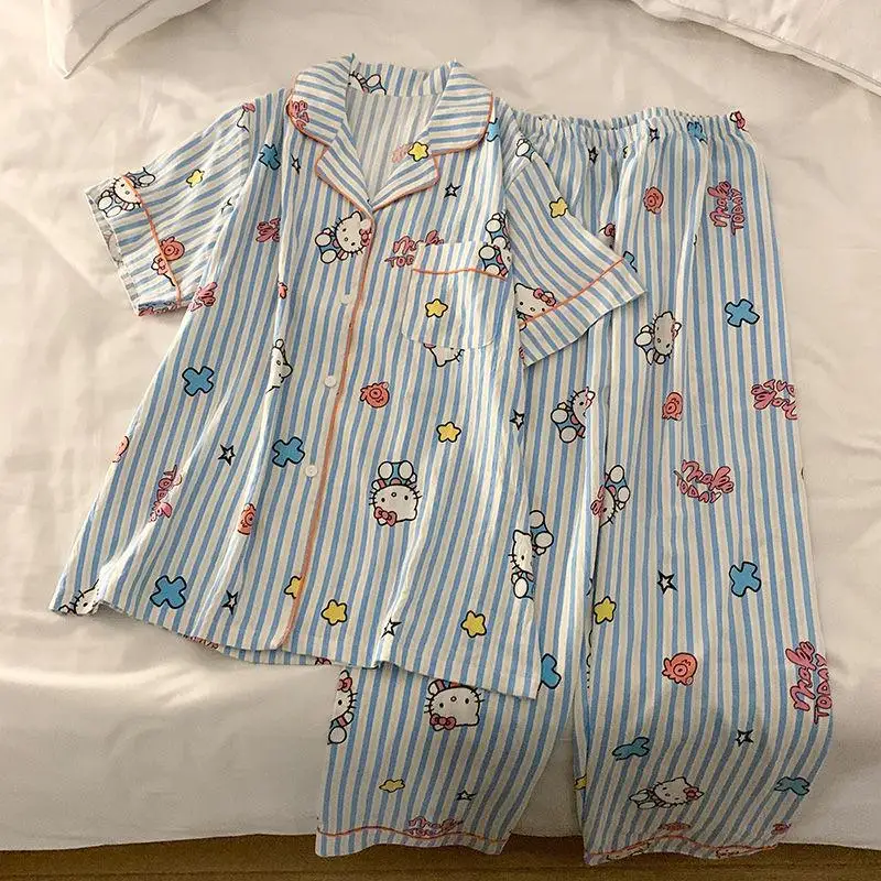 New Kawaii Anime Sanrio Hellokitty Pajamas Summer Striped Pure Cotton Short Sleeved Three Piece Set Leisure Wear Gift For Girls