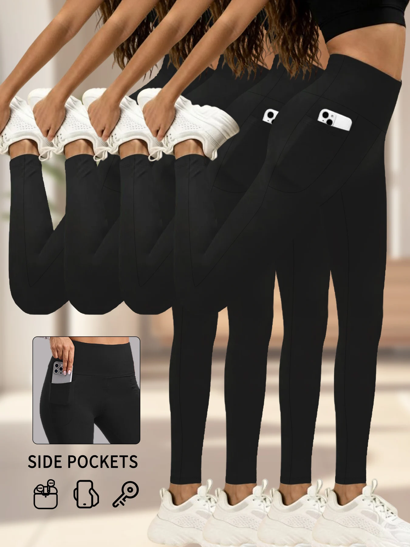 

Комплект из 4 супермягких леггинсов с карманами для женщин, брюки для бега с высокой талией для тренировок, йоги, леггинсы