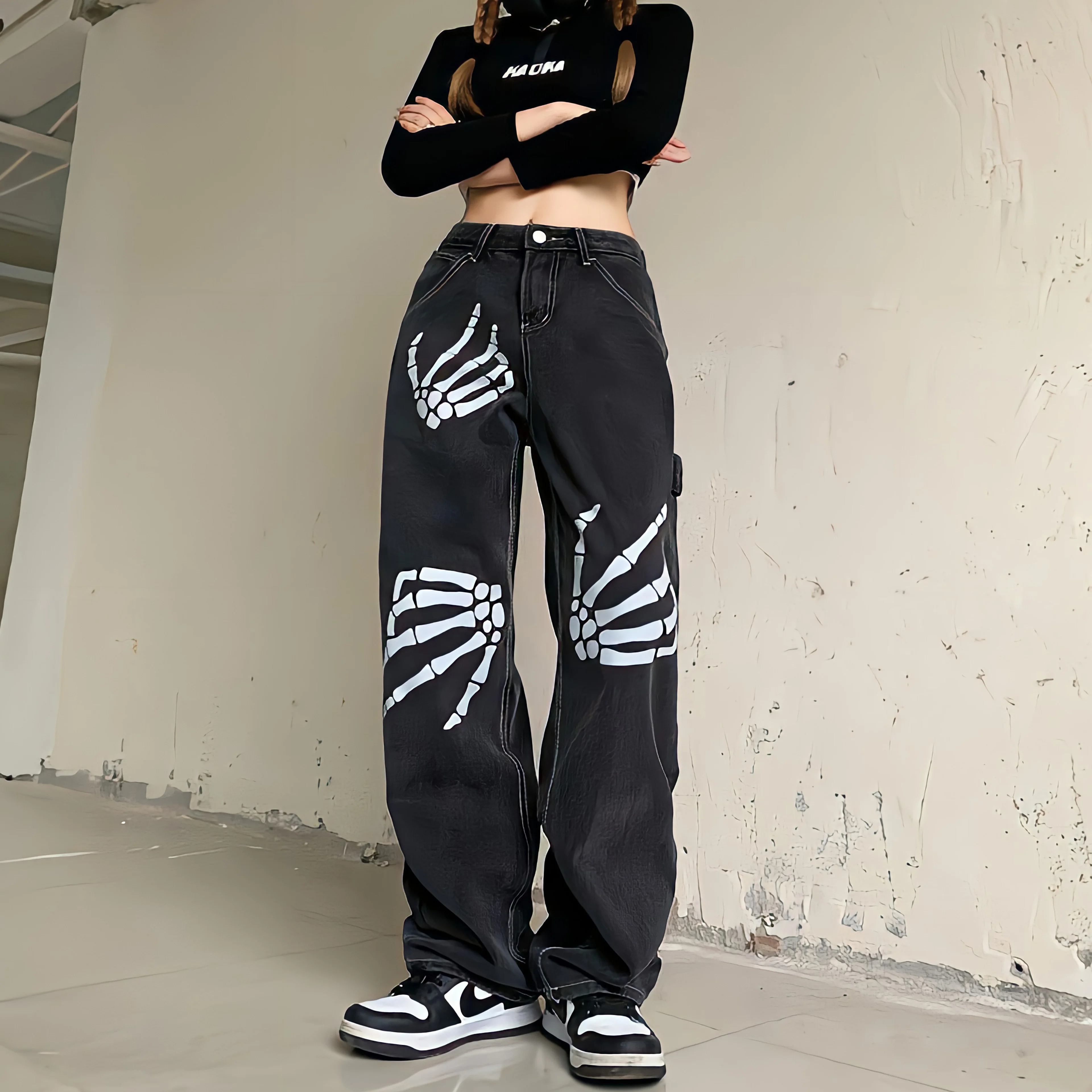 Skeleton Pants Vintage High Waisted Y2k Jeans Women Female Black Denim Printed Trousers Baggy Casual Wide Leg Pants Street Style