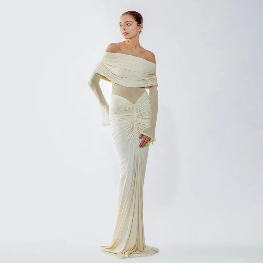 베이지 여성용 프롬 드레스 섹시한 오프숄더 긴 소매 러플 롱 쉬스 파티 가운 가을 정장 웨딩 게스트 생일 드레스