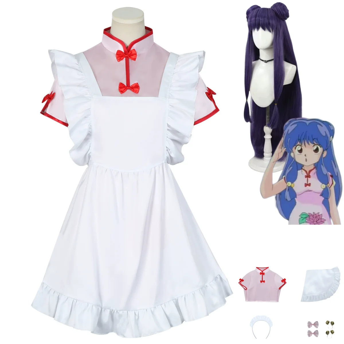 

Anime Ranma ½ Ranma Nibun-no-Ichi Shampoo Cosplay Costume Wig Chinese Style Pink Chi-Pao Maid Dress Woman Sexy Cute Party Suit