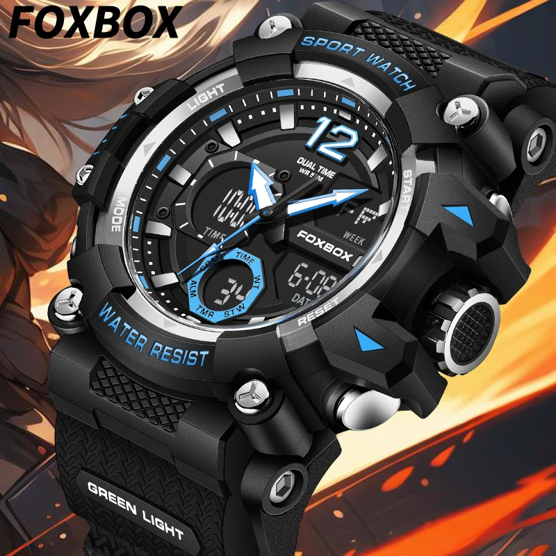 FOXBOX Fashion Electronic Men's Watches LED Dual Display Casual Sport Quartz Man Watch Waterproof Luminous Alarm Calendar Clocks