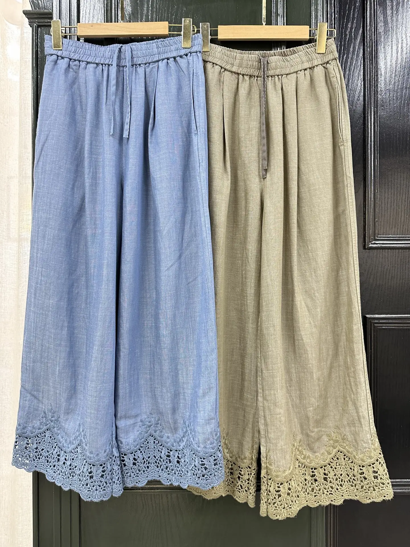 2026 Women Solid Color Embroidery Hollow Out Wide Leg Pants Elastic Waist Straight Loose Long Trousers