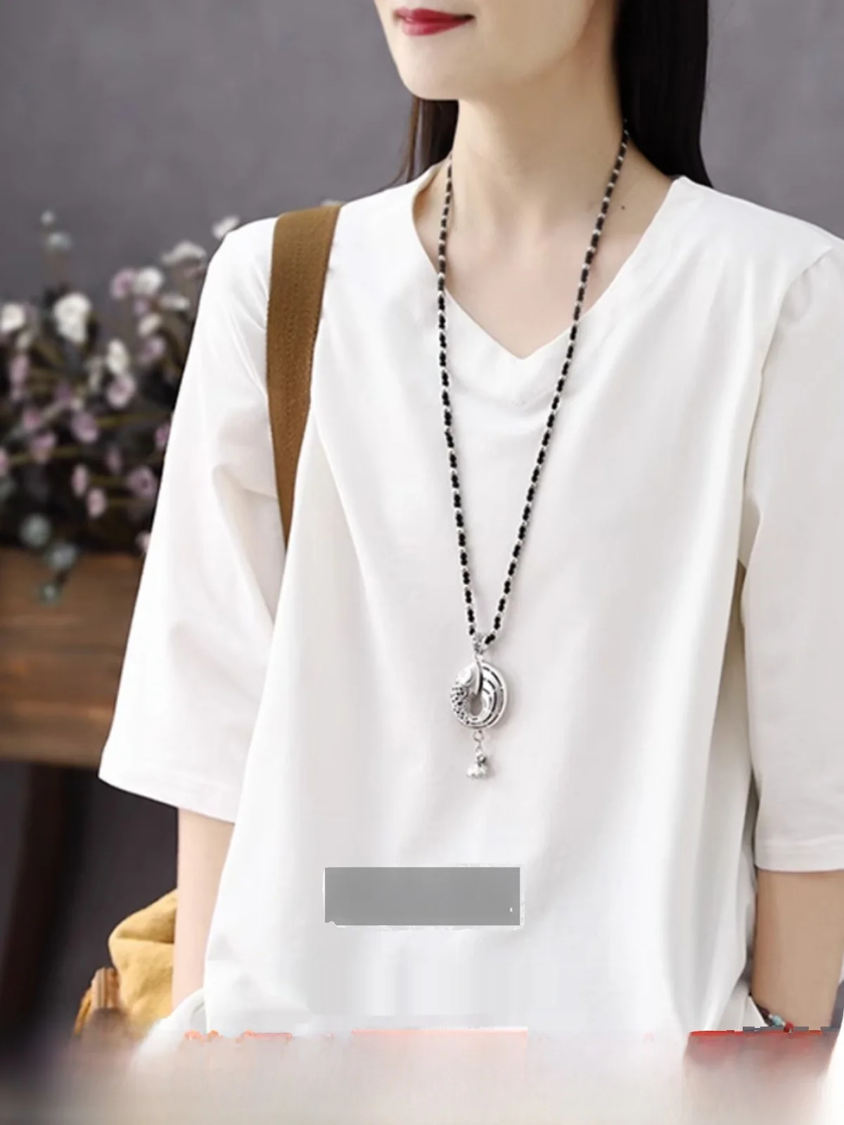 

Loose Fit Pure Cotton V-Ne Seven-Quarter Sve Women's T-irt Casual Commute Sle Korean Faion Autumn Base irt