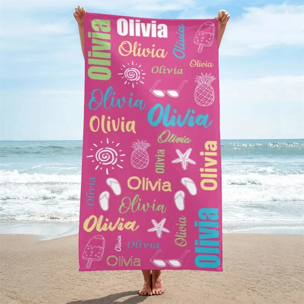 Multi Color Font Design Beach Towel Personalized Name Bath Towel Custom Pool Towel with Name Outside Birthday