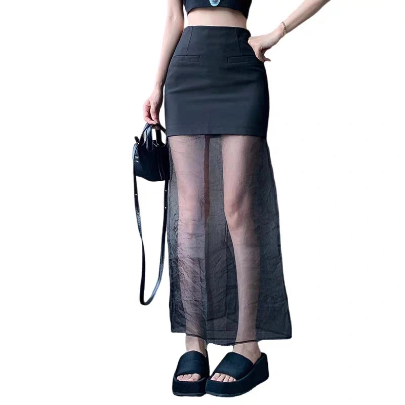 Long Skirts Women Patchwork Hotsweet A-line Sexy Club Streetwear Summer Sheer Chic Design High Waist Korean Style Faldas Largas