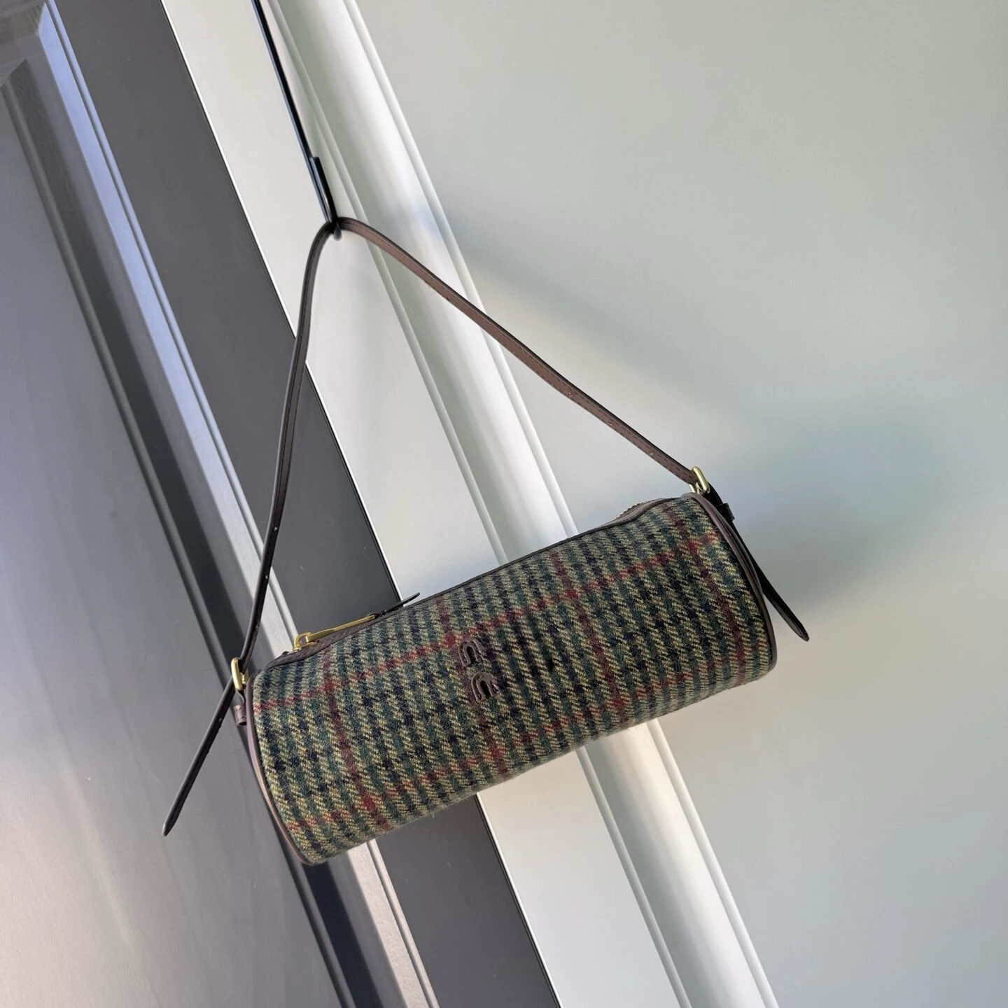 

Retro Cylinder Shoulder Bag Wool Plaid Genuine Leather Suede Multi-Style Barrel Bag Zipper Underarm Handbag For Women