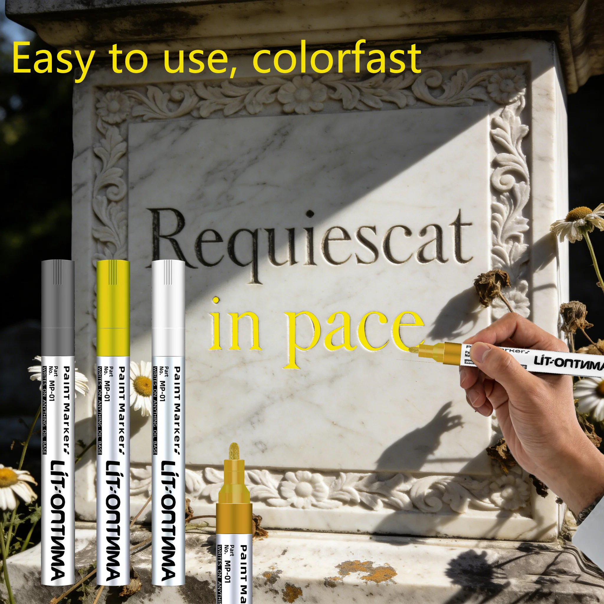 Golden Tombstone Marker Inscription3pcs Restoration Pen, Weatherproof Tracing Pen Quick-Dry Touch Up Paint Pen for Granite Stone