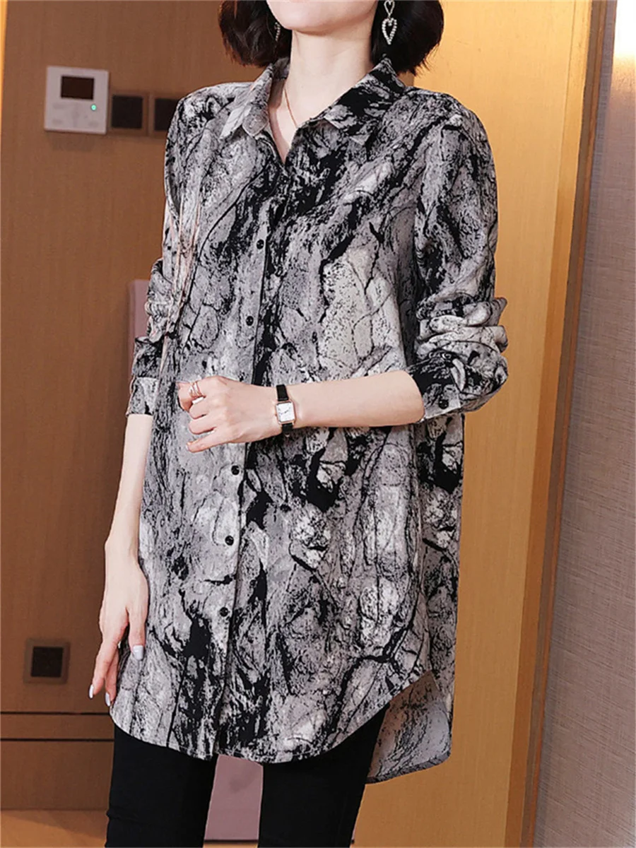 5XL Loose Women Spring Summer Shirts Lady Fashion Casual Long Sleeve Turn-down Collar Printing Blusas Tops TT2030