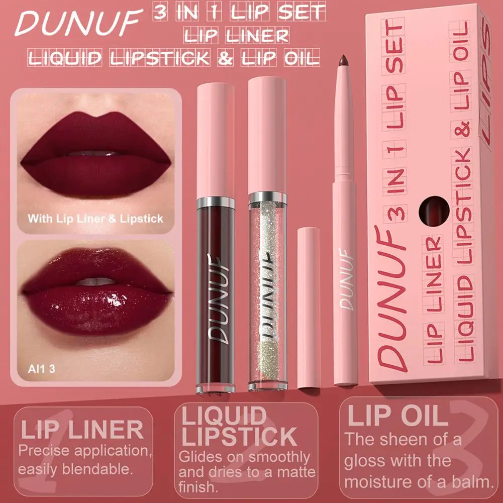 Matte 3 In 1 Lip Liner + Lip Gloss + Lip Oil Makeup,long Lipstick Nude Lasting Highly Tint Pigmented Cup Velvet Non-stick S D9h2