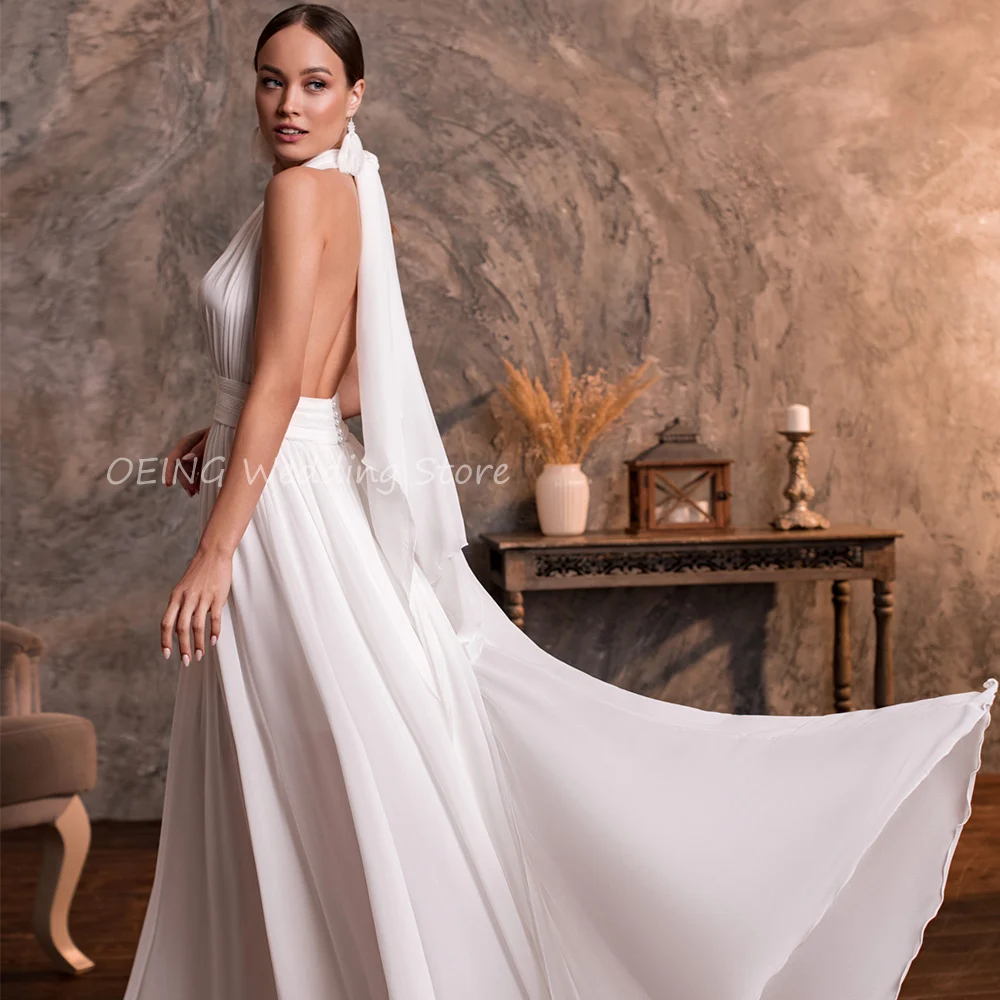 Einfache Brautkleider für Braut weißen Chiffon mehr in 1 einer Linie Strand Brautkleid lange ärmellose Falte Sommer Brautkleid