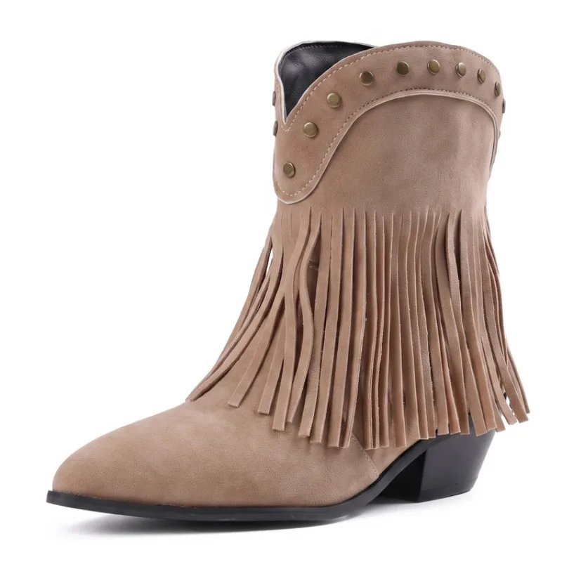 Girls School Student Black Faux Suede Rivets Western Short Boots for Women Chunky Heel Tassel Ankle Boots size 34-50