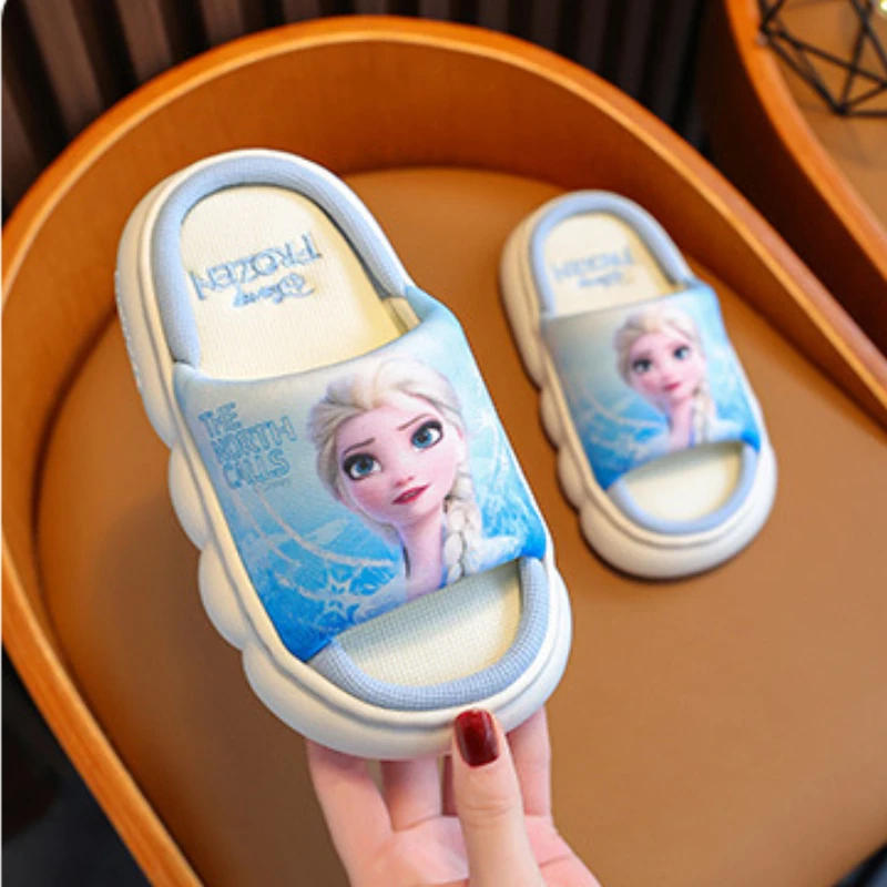 Disney-zapatillas de lino de princesa Elsa para niña, zapatos transpirables antideslizantes de suela gruesa para bebé, Zapatillas de casa de verano