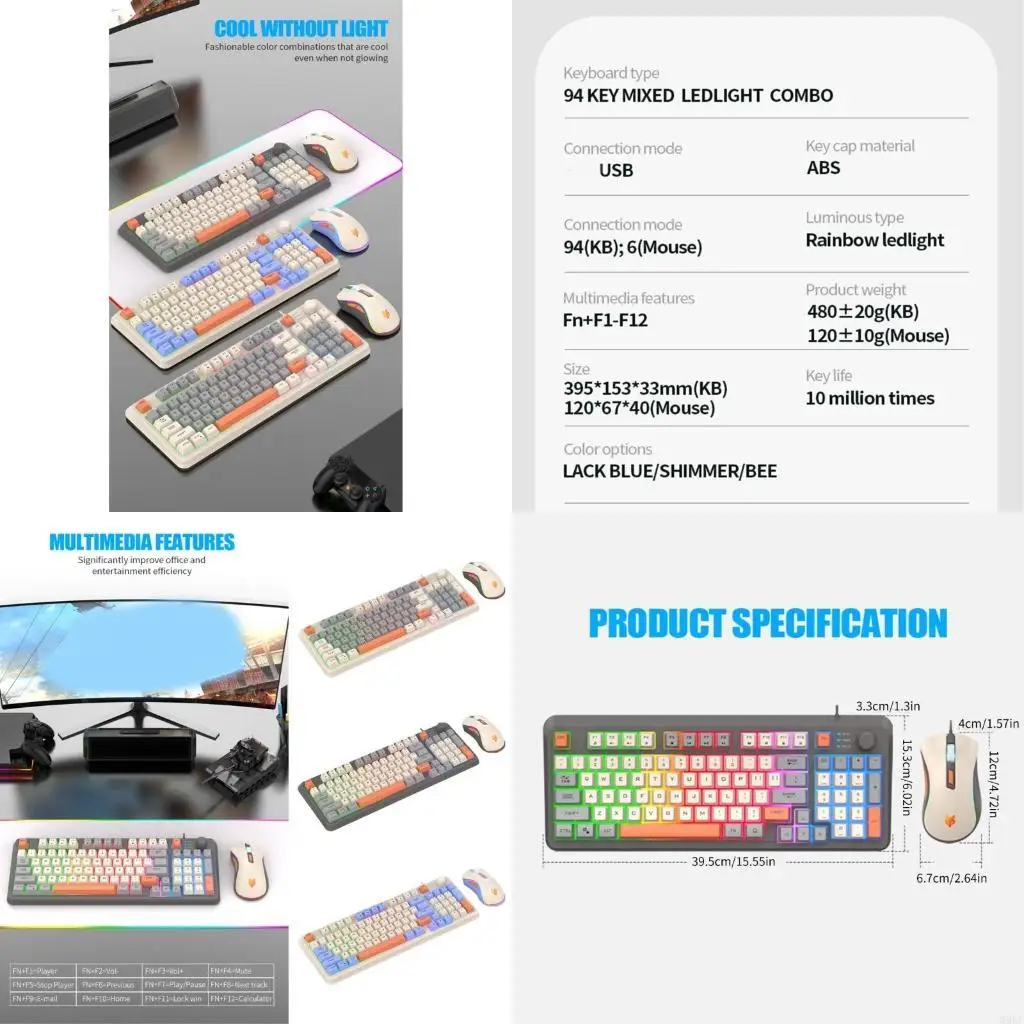 

896F K820 94Keys Gaming Keyboard Mouse RGB Backlit 3 Color Matching USB Keypad