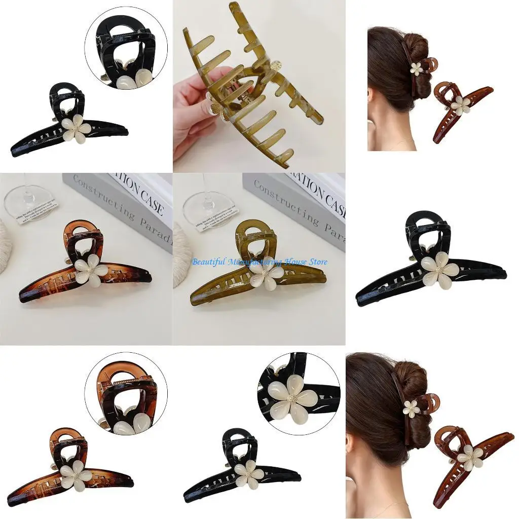 

E56A Opal Flower Hair Claw Simple Ponytail Catch Barrettes Strong Hold Hairpin