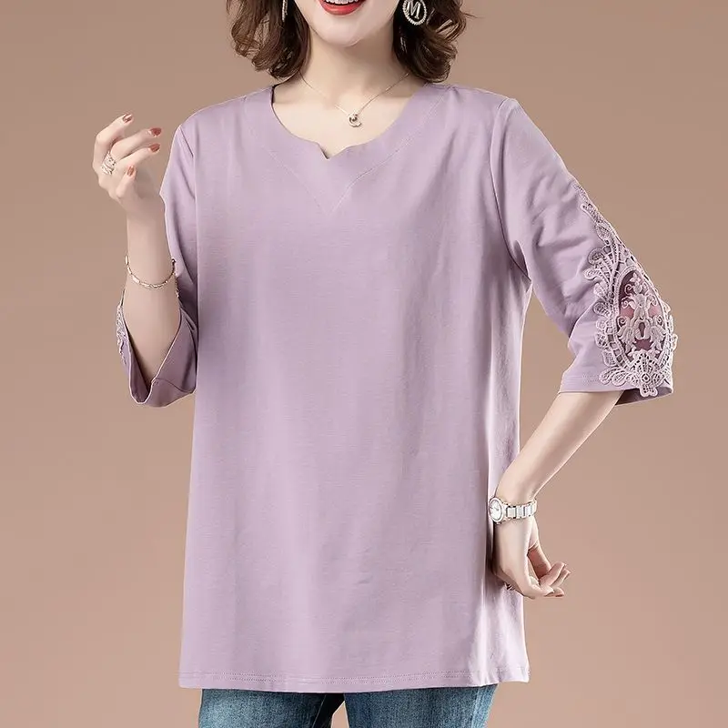 Plus Size Embroidery Hollow Out Tops Tees Summer New Half Sleeve V Neck Solid Color Loose T Shirts Casual Vintage Women Clothing