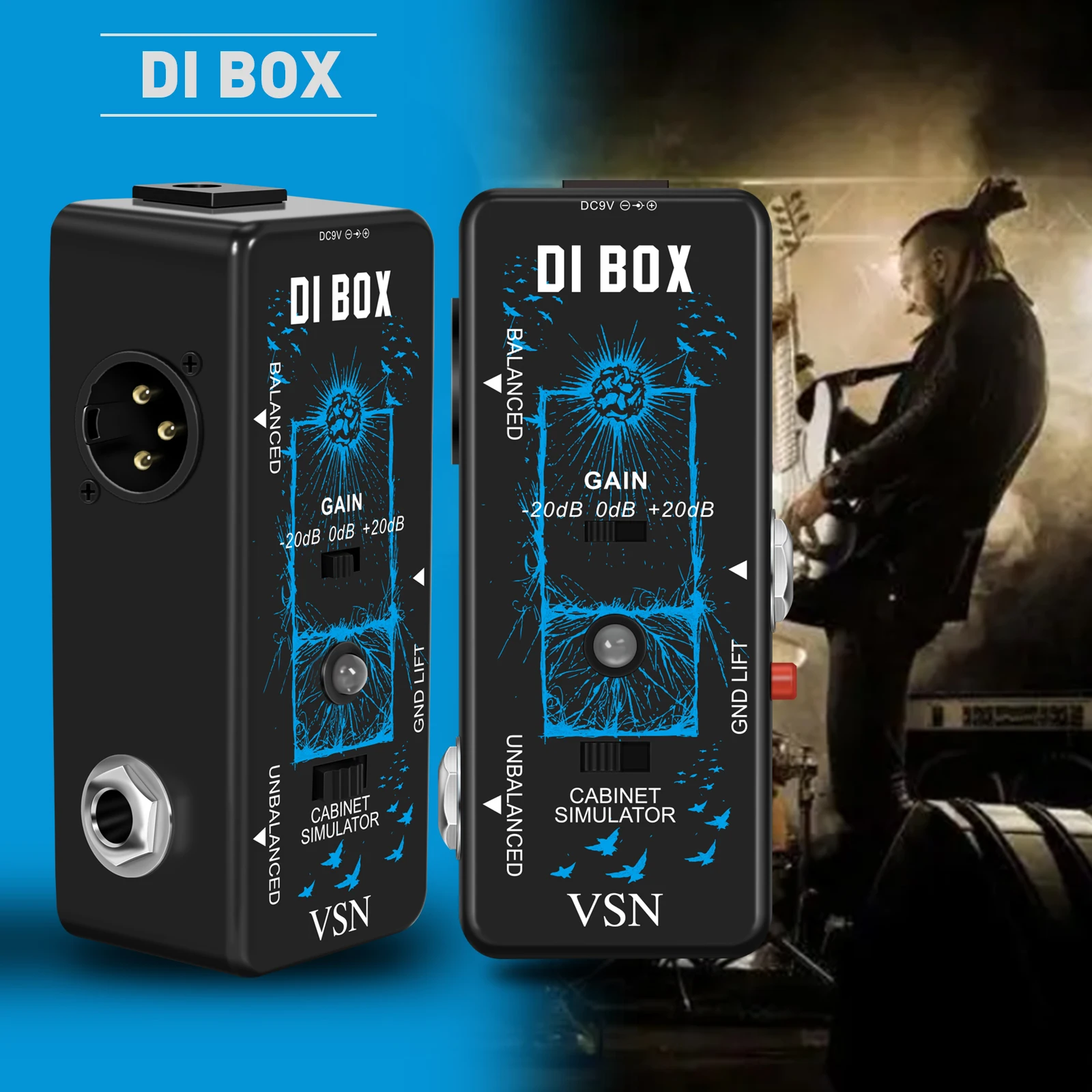 VSN Di Box Guitar Pedal Direct Box Guitar  Passive DI Box With Cabinet Simulator 1/4 and XLR Full Metal Mini Size True Bypass