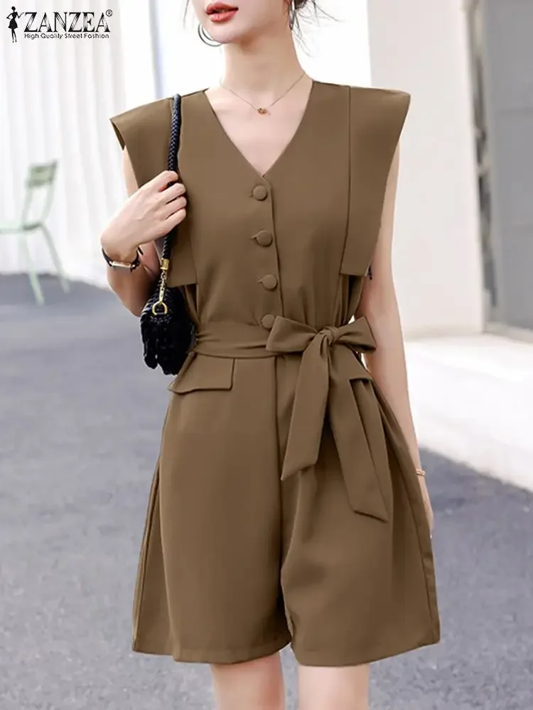 ZANZEA Casual Belted Holiday Jumpsuit Women Sleeveless Playsuit Streetwear Cargo V Neck Overall 2024 Summer Elegant Solid Romper