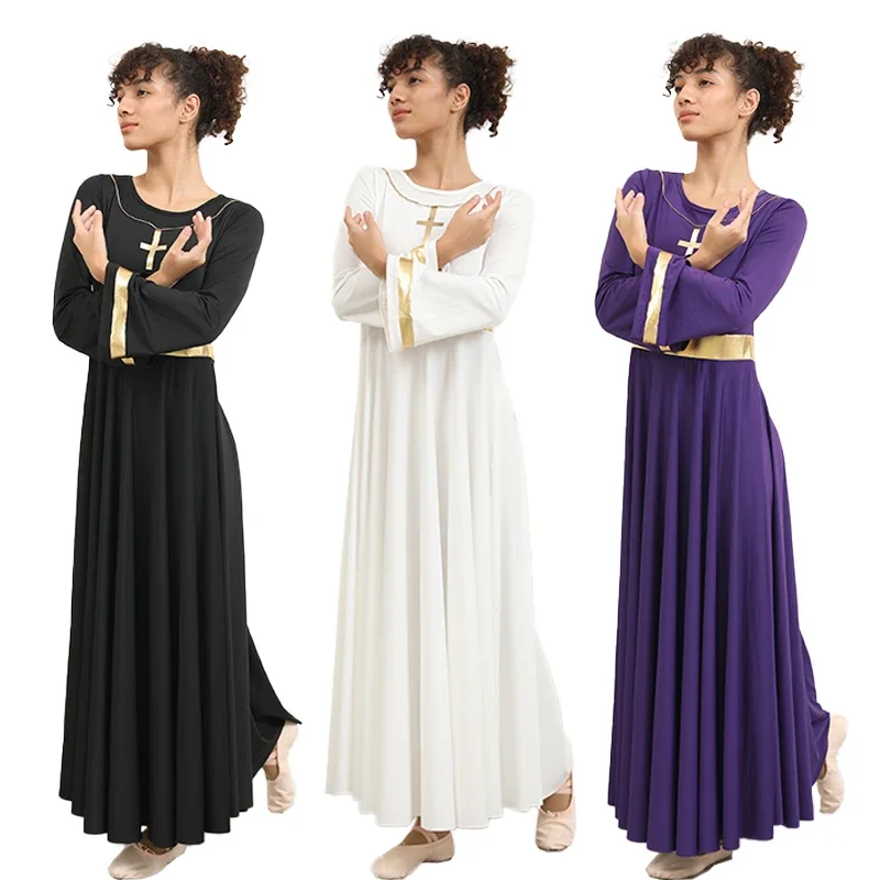 Vestido de baile de alabanza para mujer, bata de Iglesia de adoración litúrgica, Ropa de baile lírico, empalme metálico, corte libre