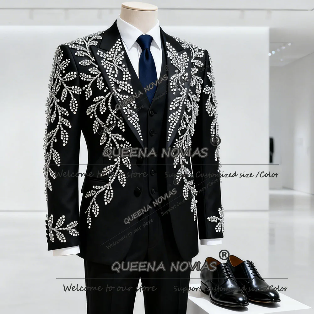 

Brilliant Rhinestone Crystals Suits Men For Wedding 3 Pieces Sets Prom Blazer Outfts Customized Groom Tuxedos Terno Masculinos
