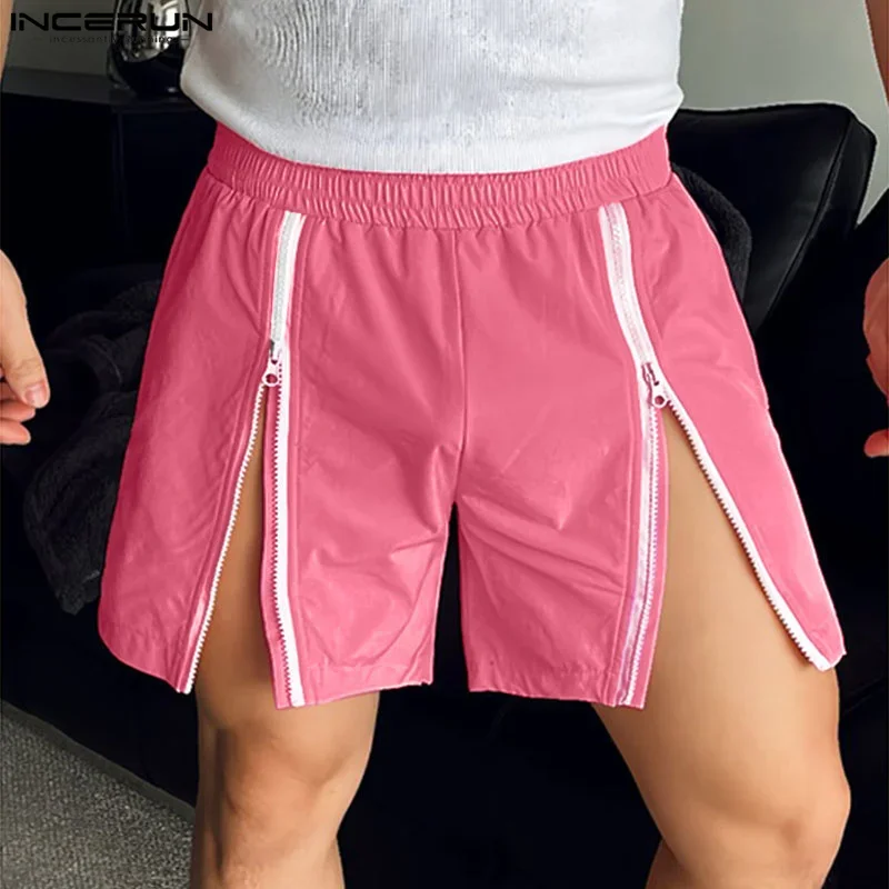 INCERUN Men Shorts Solid Color Elastic Waist Loose Zipper Joggers Casual Men Bottoms Streetwear Summer 2024 Fashion Male Shorts