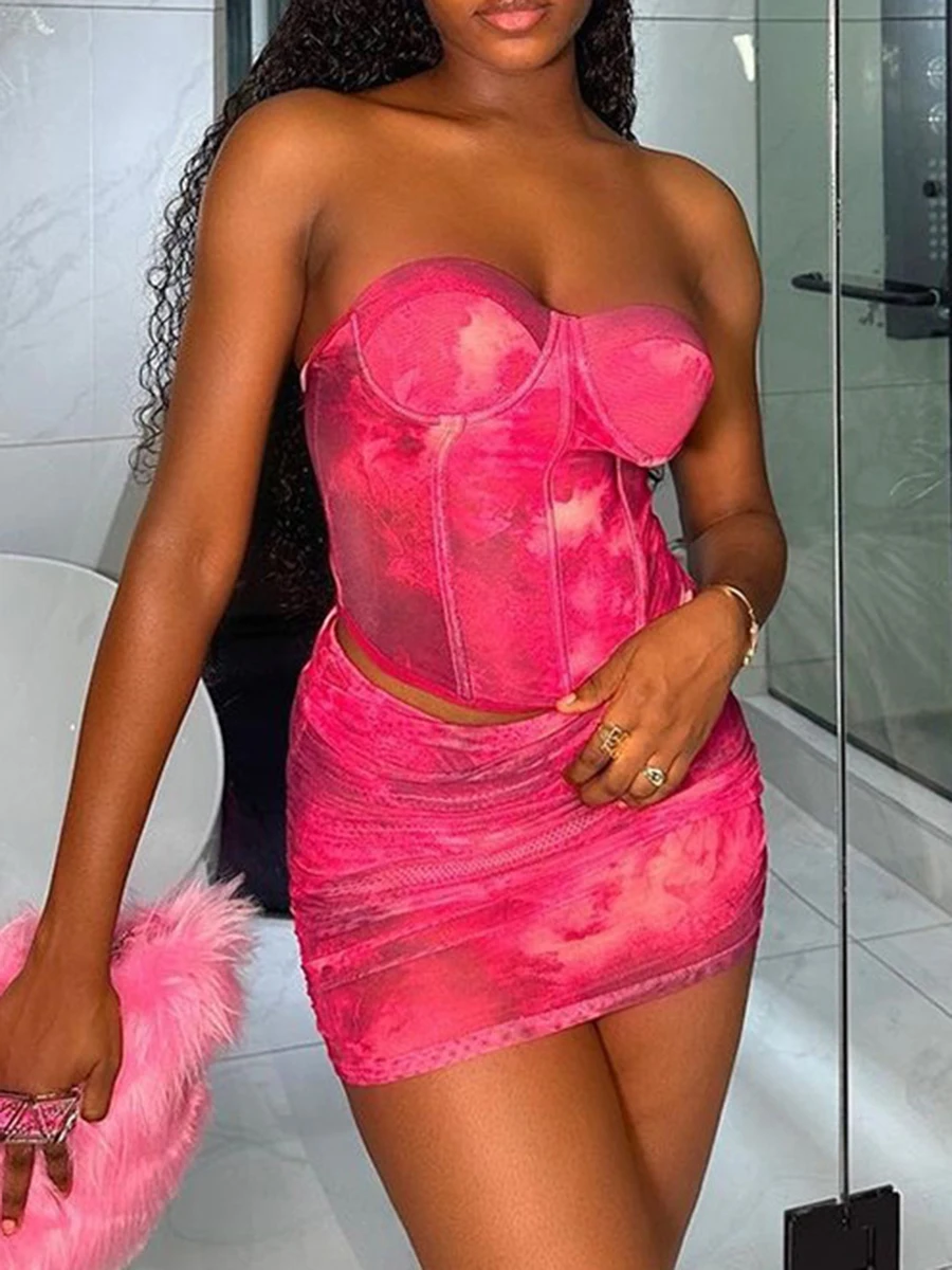 ZIML Set Dua Potong Cetak Warna Populer untuk Wanita Rompi Punggung Terbuka Tanpa Lengan Tanpa Tali Rok Mini Pinggang Tinggi Set Chic Wanita Baru