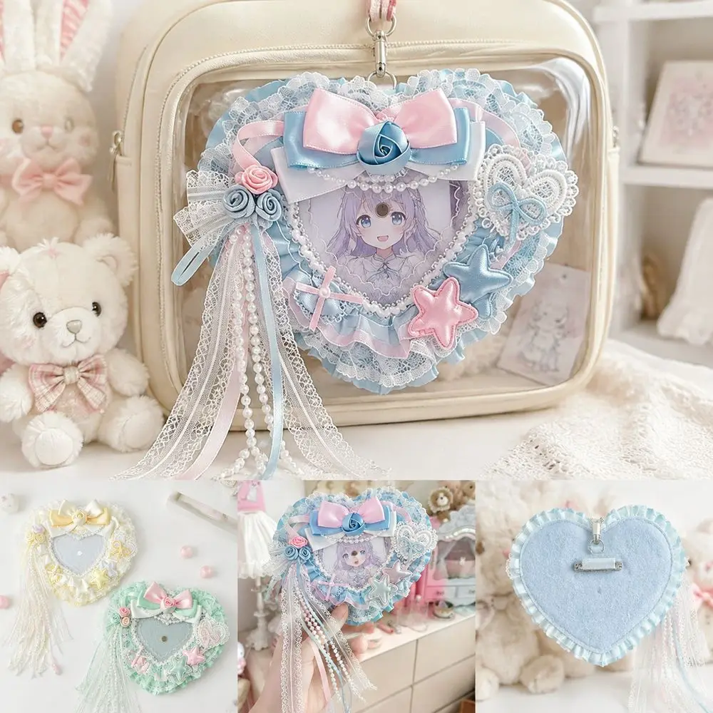 Fabric Heart Shaped Badge Holder Rose Detail Lace Trim Photocard Holder Protective Pocket Decorative Bow Button Badge Holder