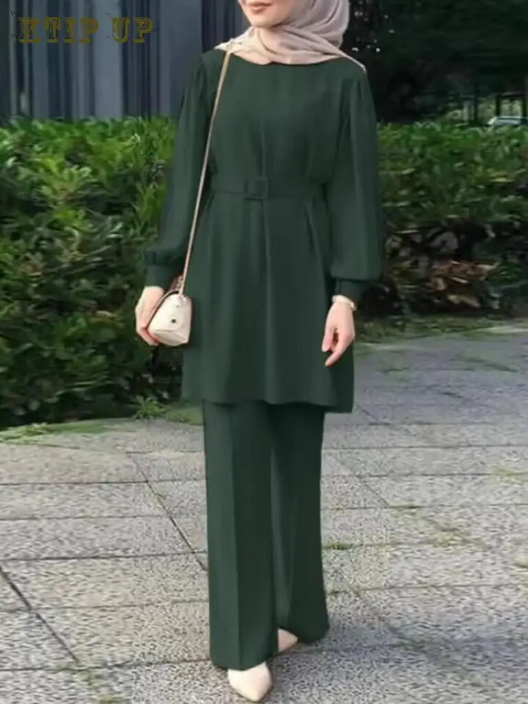 Dubai Eid Mubarek Outfit Fashion Suit Turkey Abaya Causal Pant Sets Muslim Long Sleeve Blouse Trouser Suit Women Matching Sets