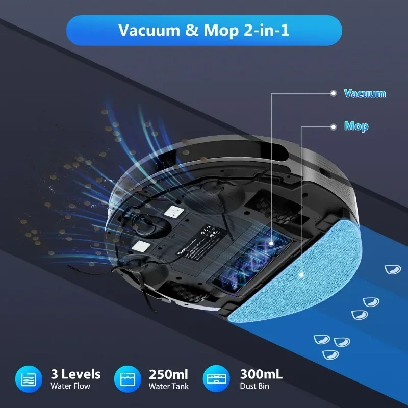 LiDAR Robot Vacuum e Mop Combo, Mapeamento Inteligente, Navegação de até 150Mins, Piso Duro, Vassoura Elétrica