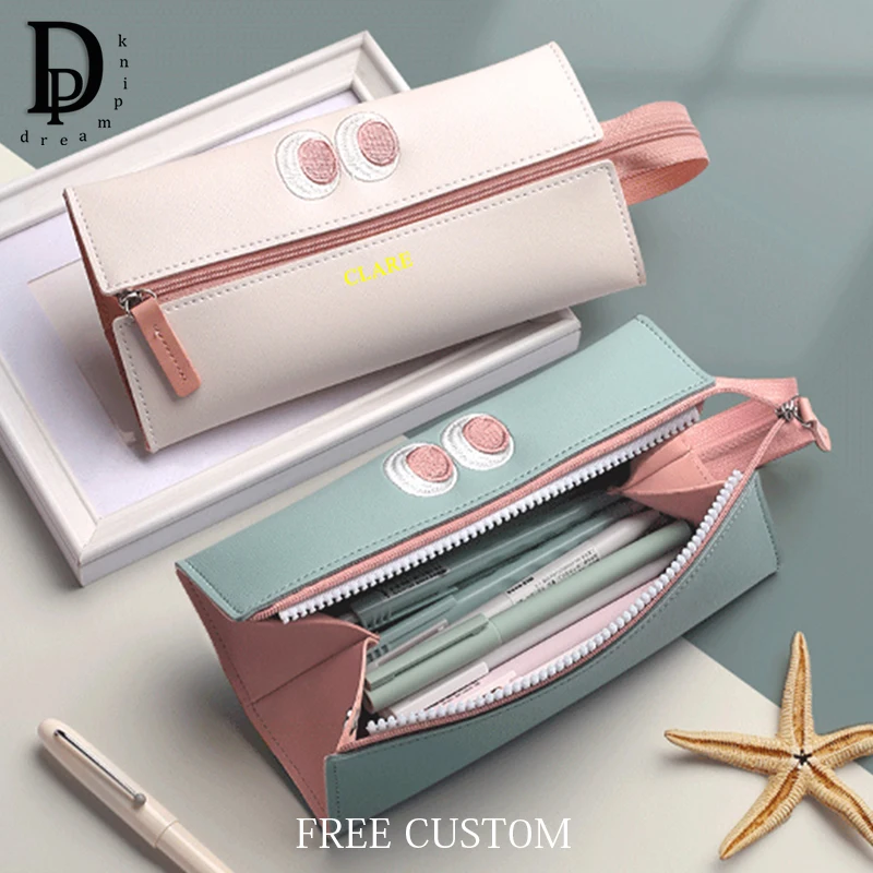 Custom Letters Cute Zip Pencil Case Large Capacity Student School Stationery Leather Pen Storage Bag Lovely Casual Children Gift