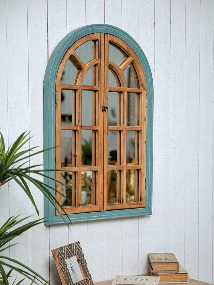 Retro solid wood arched blue wood color folio fake window wall hanging home soft decoration photo wall decoration garden decorat