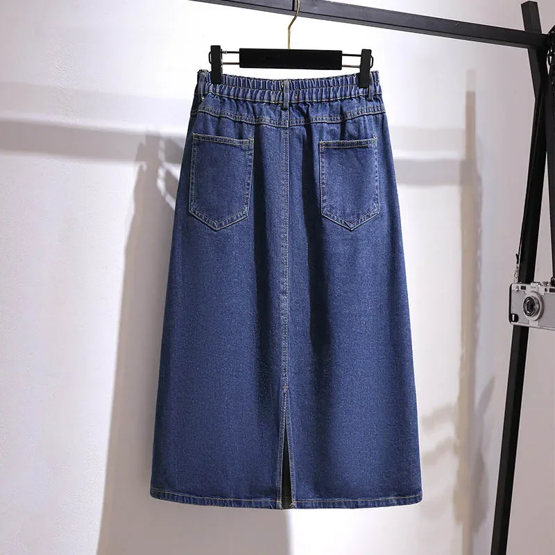 Women's Summer Loose One-Step Denim Skirt  Elastic Waist Mid-Length Temperament Skirt Blue